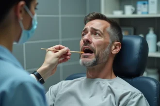 Patient homme en examen buccal par un médecin