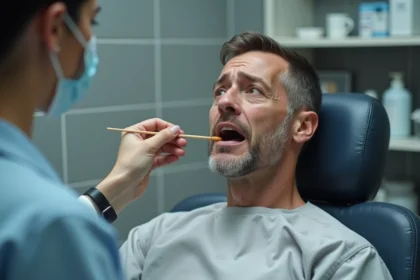 Patient homme en examen buccal par un médecin