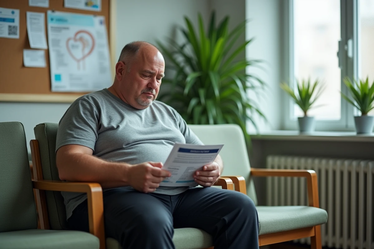 Patient non diabétique en salle d'attente de néphrologie consultant une brochure sur la santé rénale et la microalbuminurie