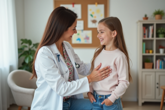 Pediatre femme écoute le cœur d'une fille souriante