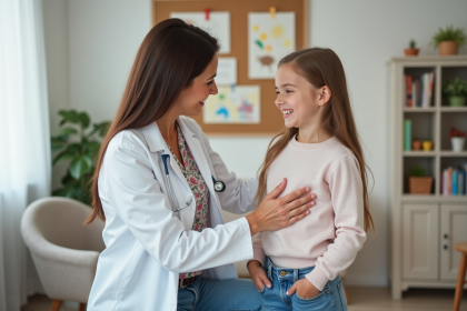 Pediatre femme écoute le cœur d'une fille souriante