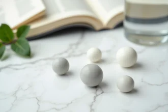Perles de céramique disposées sur du marbre blanc avec un verre d'eau et une revue scientifique ouverte, illustrant une analyse critique de leurs effets sur la santé