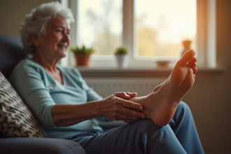 Personne agee se soulageant le pied sur un canapé lumineux