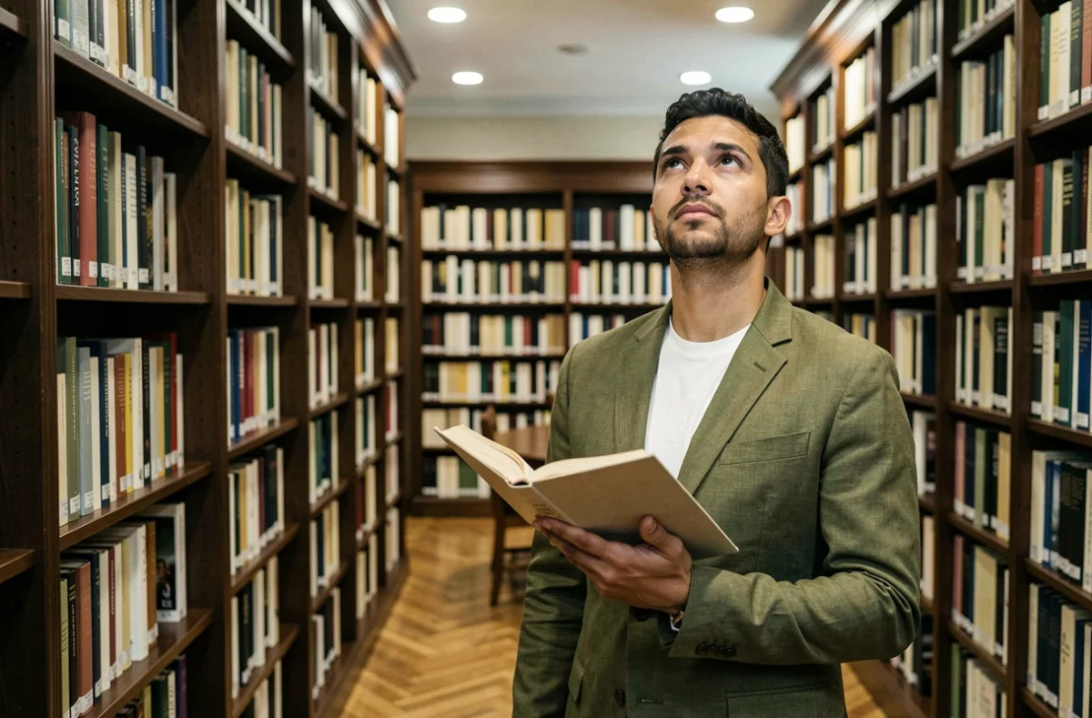 Personne en quête de connaissance de soi dans une bibliothèque, lisant un livre avec expression réflexive