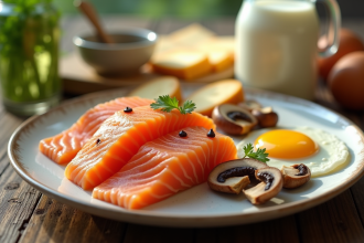 Table de petit déjeuner avec saumon frais et œufs