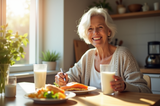 Femme senior heureuse mangeant un petit déjeuner sain
