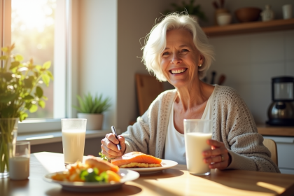 Femme senior heureuse mangeant un petit déjeuner sain