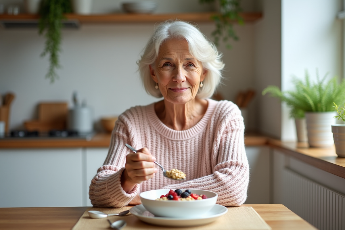 Femme d'environ 60 ans dégustant un bol de flocons d'avoine aux fruits