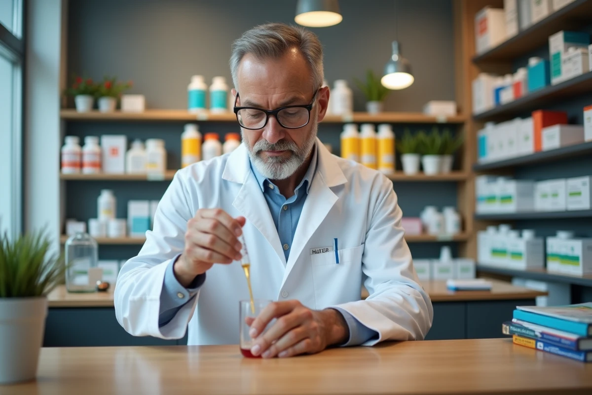 Pharmacien mesurant un liquide dans une pharmacie moderne