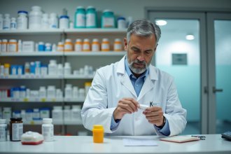 Pharmacien en blouse blanche scellant un médicament