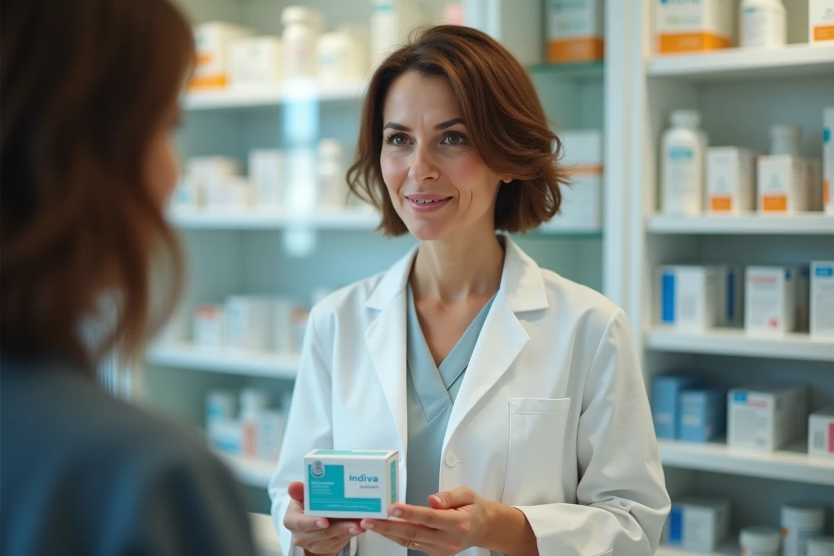 Pharmacienne conseillant un client sur le complément alimentaire Indiva System en officine