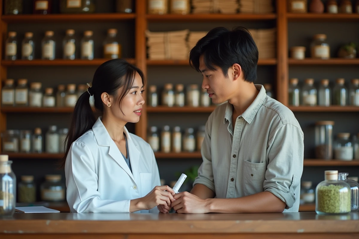 Pharmacienne thaïlandaise conseillant un père sur l'utilisation sécurisée du yadom pour les enfants dans une pharmacie traditionnelle