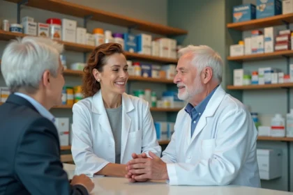 Pharmacienne aidant un homme âgé dans une pharmacie moderne