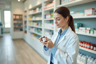 Pharmacienne tenant un flacon de probiotiques en pharmacie, conseillant sur le meilleur traitement de fond