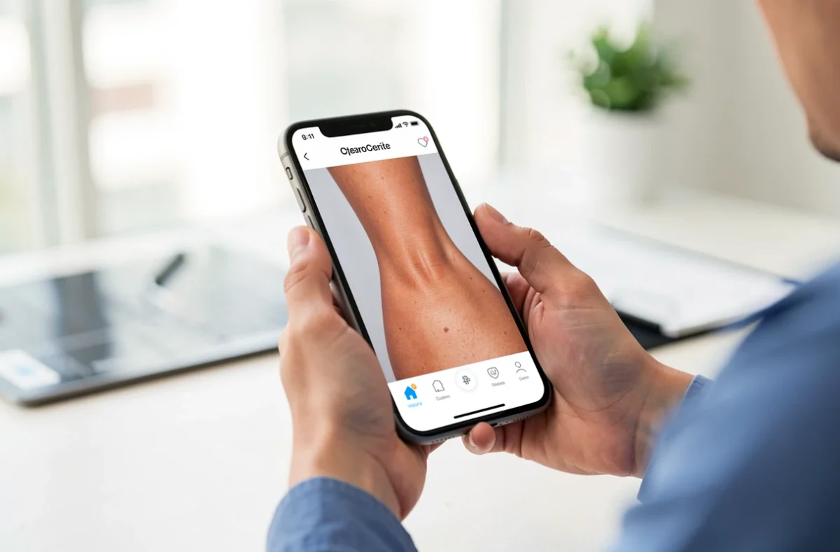 Photo d'une poussée d'eczéma montrée sur un téléphone en consultation