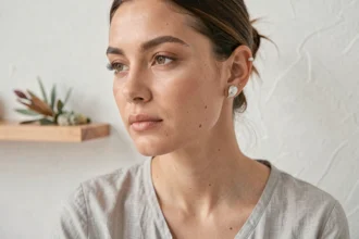 Jeune femme montrant son piercing conch en argent dans le cartilage de l'oreille, style éditorial minimaliste