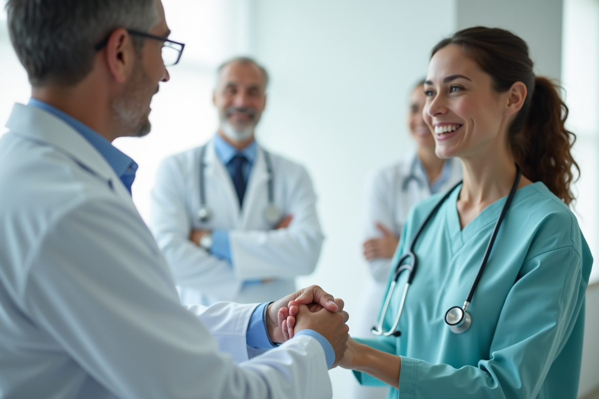 Poignée de main entre médecin et travailleur social en cabinet