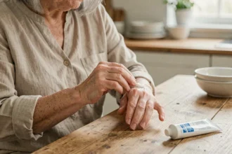Femme âgée appliquant une pommade articulaire sur ses doigts douloureux dans une cuisine