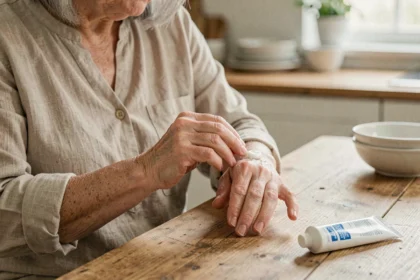 Femme âgée appliquant une pommade articulaire sur ses doigts douloureux dans une cuisine
