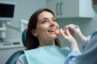 Pose d'une couronne en céramique dentaire par un dentiste sur une patiente dans un cabinet dentaire moderne