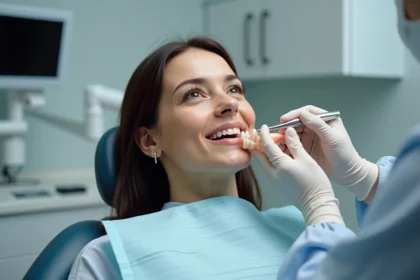 Pose d'une couronne en céramique dentaire par un dentiste sur une patiente dans un cabinet dentaire moderne