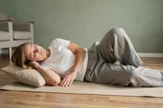 Femme allongée sur le côté avec un coussin entre les genoux pour soulager la sciatique, position recommandée le matin