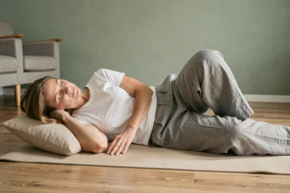 Femme allongée sur le côté avec un coussin entre les genoux pour soulager la sciatique, position recommandée le matin
