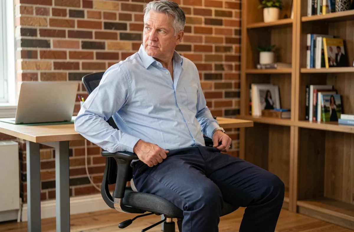 Homme assis en bonne posture avec support lombaire sur une chaise ergonomique pour soulager la douleur sciatique en journée