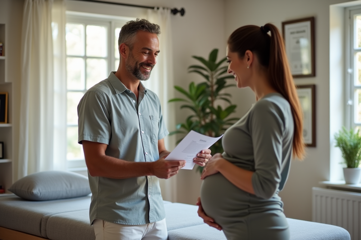 Praticien massage prénatal dans son bureau accueillant