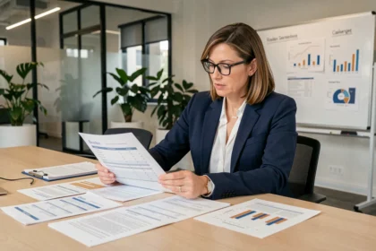 Consultante en business intelligence analysant des rapports de données dans une salle de réunion moderne avant une intervention