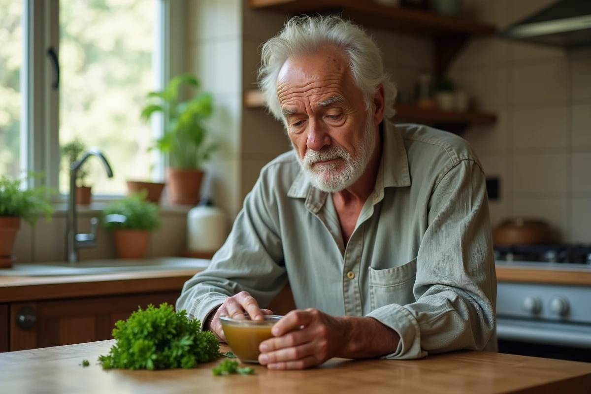 Homme âgé préparant une infusion aux herbes dans la cuisine