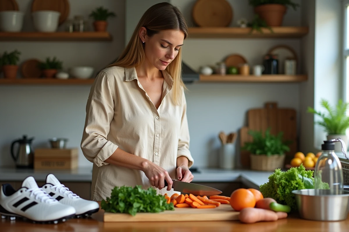 Mère préparant un repas nutritif de récupération pour un jeune footballeur souffrant de la maladie de Sever
