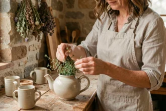 Femme préparant une tisane au thym maison avec des brins de thym frais dans une théière en céramique sur un comptoir en bois rustique