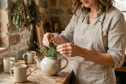 Femme préparant une tisane au thym maison avec des brins de thym frais dans une théière en céramique sur un comptoir en bois rustique