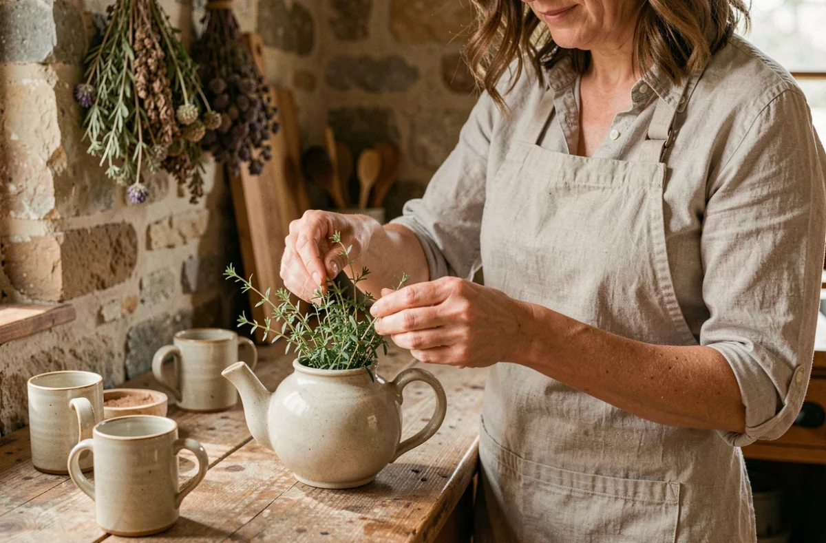 Femme préparant une tisane au thym maison avec des brins de thym frais dans une théière en céramique sur un comptoir en bois rustique