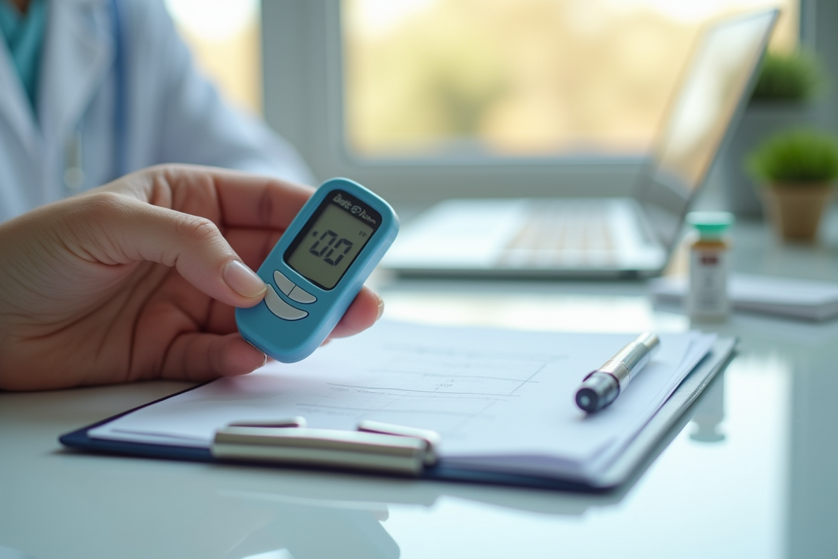 Main tenant un glucometre avec lecture digitale et stylo insulin