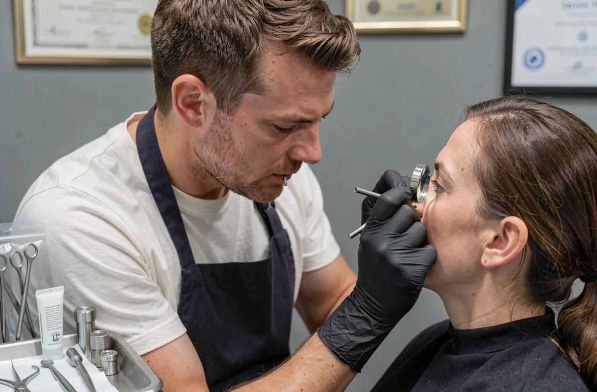 Professionnel du piercing examinant l'oreille d'un client pour un piercing conch dans un studio certifié
