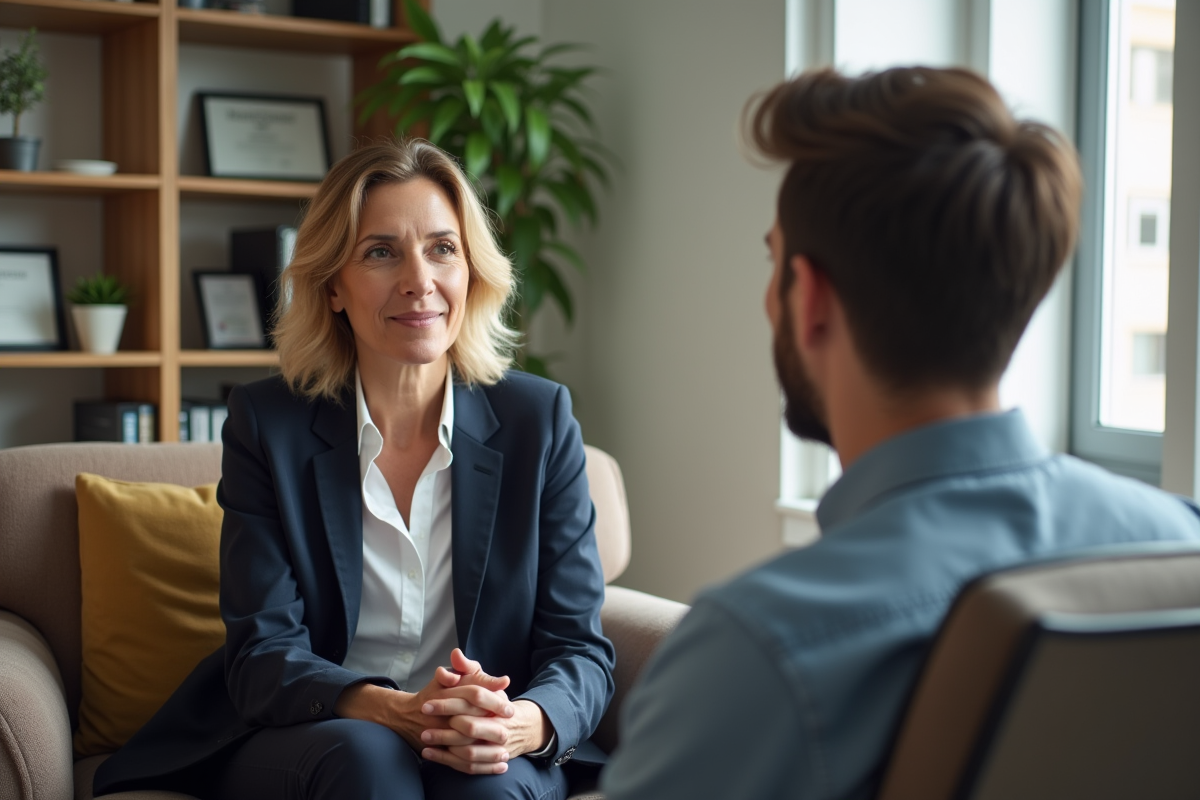 Psychologue femme en consultation avec un jeune homme