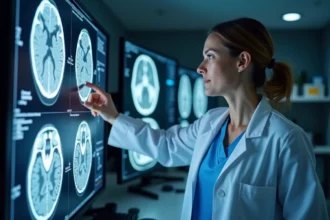Radiologue femme analysant une IRM du cerveau avec hypersignal sur un écran médical en salle de lecture hospitalière