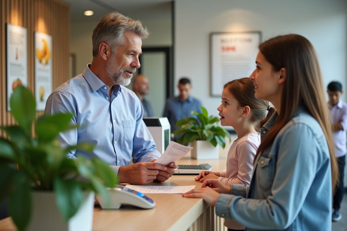 Famille discutant avec une nutritionniste à la reception