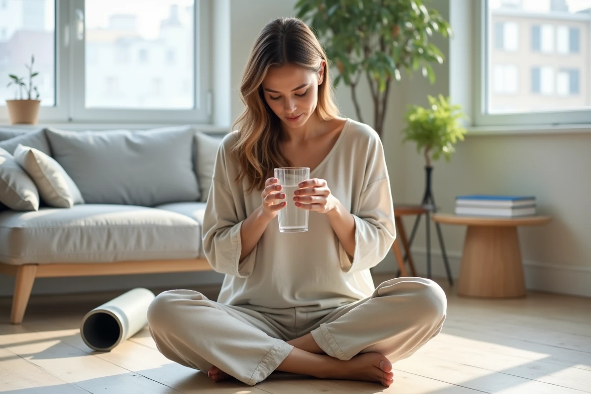 Femme buvant de l'eau en position de récupération après une séance d'ostéopathie à domicile