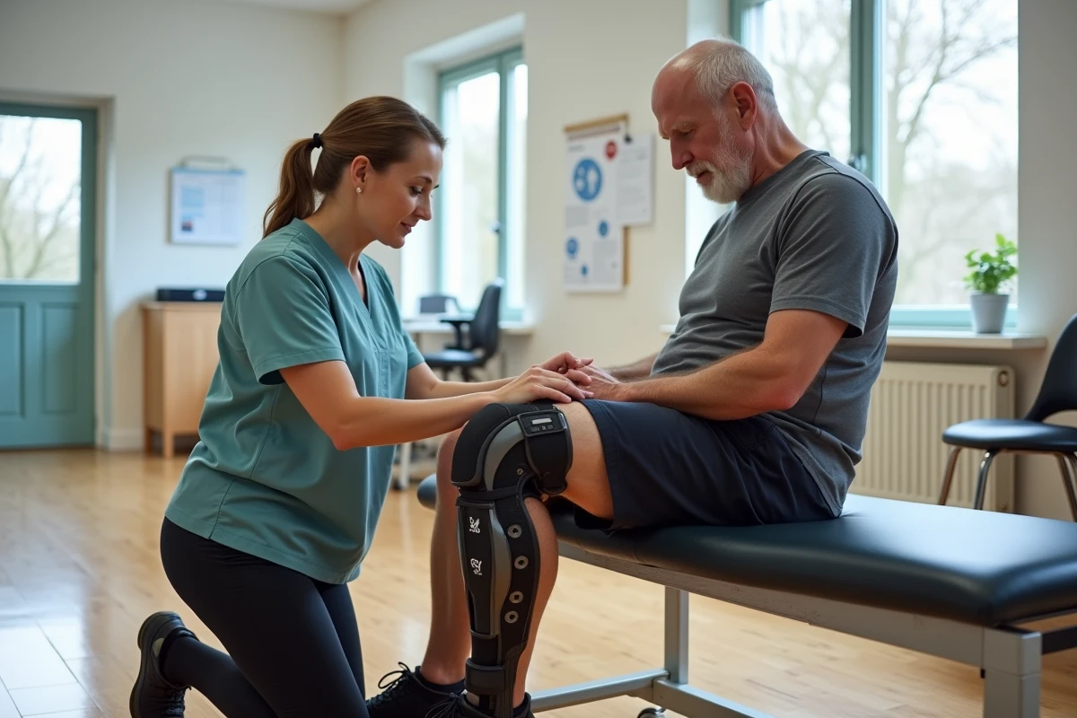 Femme physiotherapeute ajustant un orthese de genou à un patient