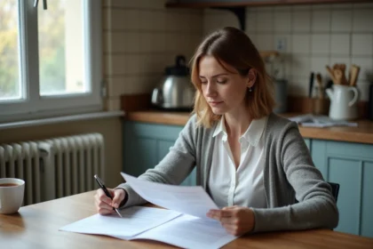 Femme en train de remplir un dossier de renouvellement MDPH pour dépression à sa table de cuisine