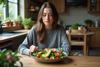 Jeune femme dégustant une salade fraîche dans une cuisine chaleureuse