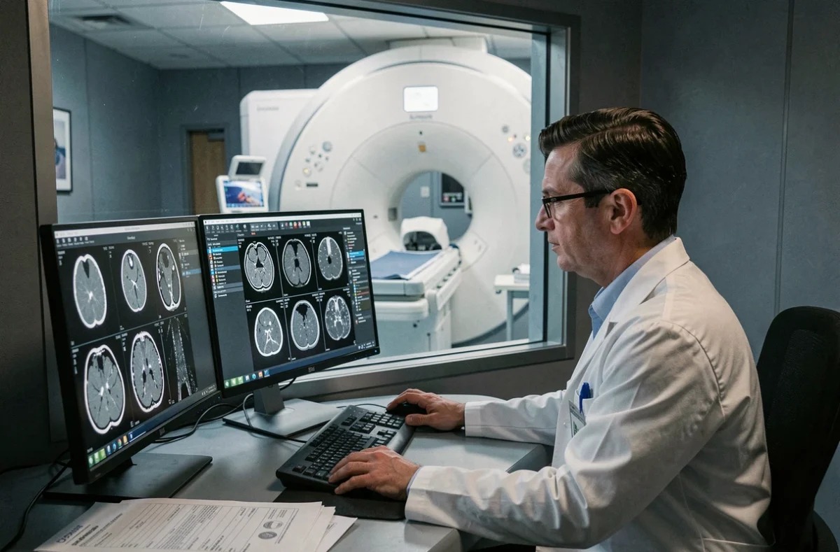 Radiologue analysant des images de scanner sur double écran dans la salle de contrôle d'un service d'imagerie médicale