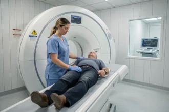 Technicienne en radiologie guidant un patient vers le tunnel d'un scanner médical moderne dans une salle d'imagerie hospitalière