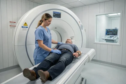 Technicienne en radiologie guidant un patient vers le tunnel d'un scanner médical moderne dans une salle d'imagerie hospitalière