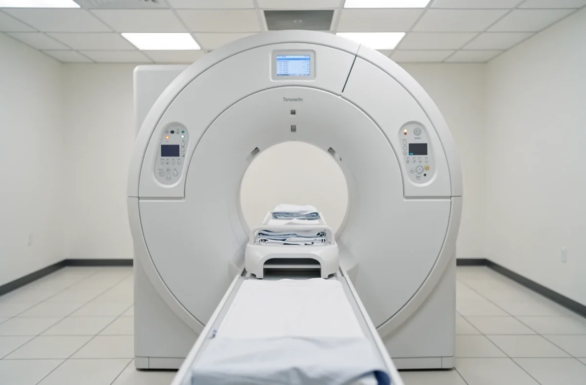 Gros plan sur le tunnel d'un scanner médical dans une salle de radiologie hospitalière vide et propre