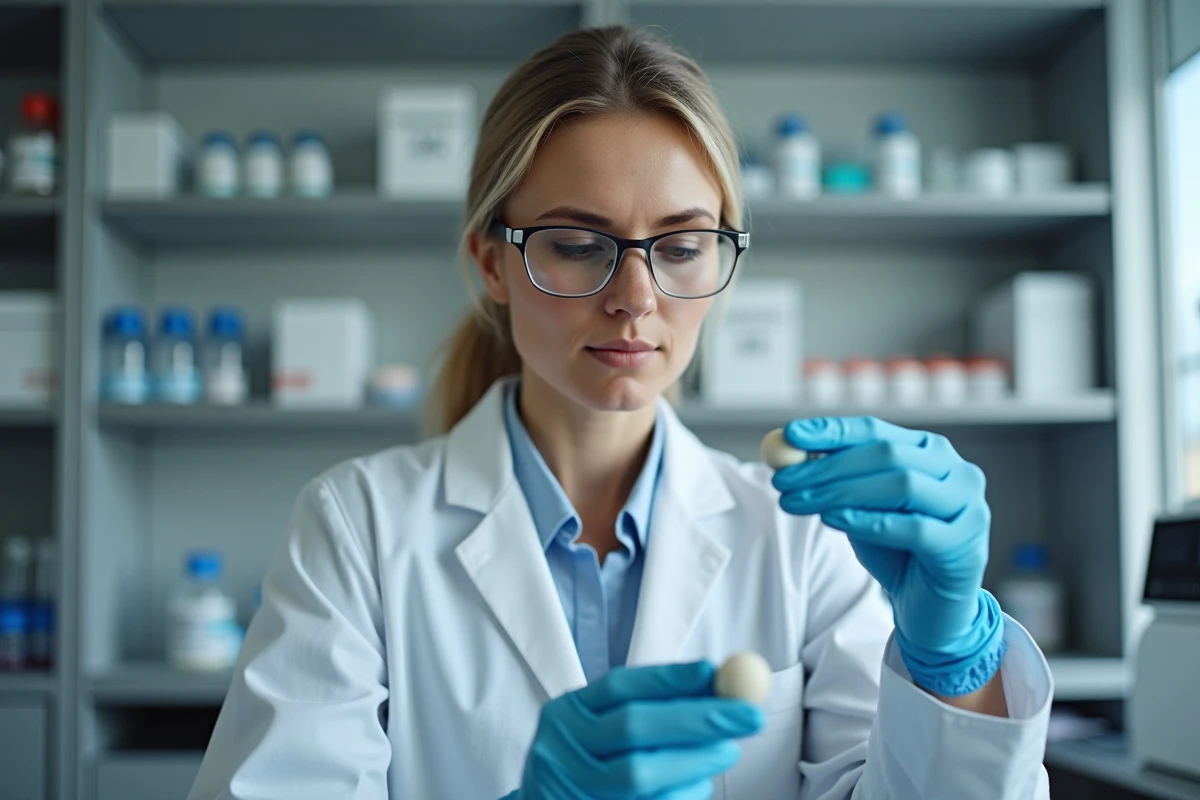 Scientifique en blouse blanche examinant une perle de céramique en laboratoire, symbolisant l'évaluation scientifique des risques et bénéfices pour la santé