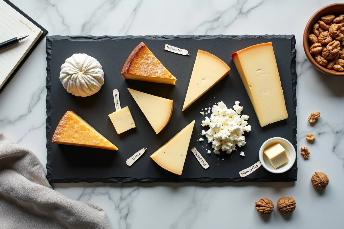 Plateau de six variétés de fromages adaptés aux diabétiques avec étiquettes manuscrites sur ardoise et marbre blanc